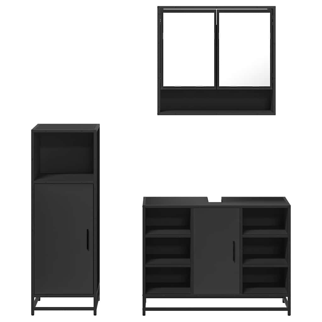 Set mobilier de baie, 3 piese, negru, lemn compozit