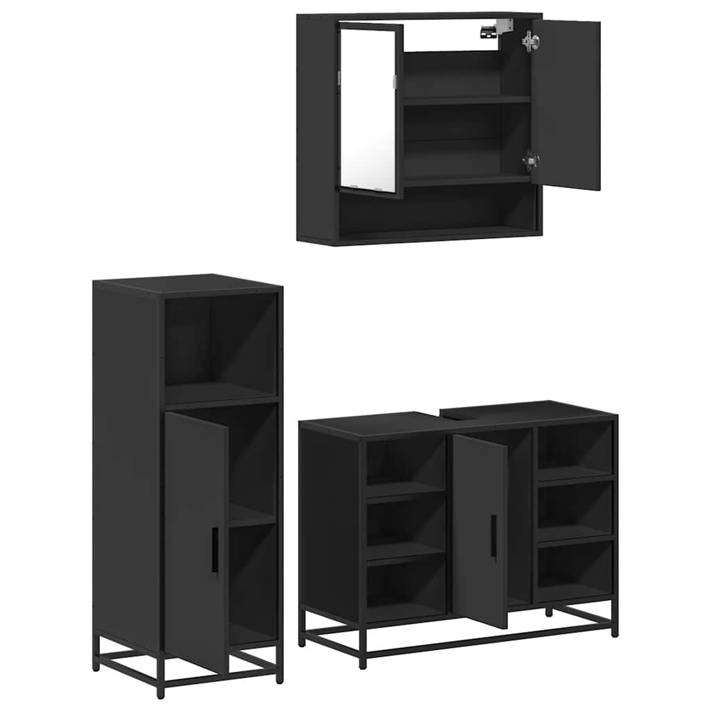 Set mobilier de baie, 3 piese, negru, lemn compozit