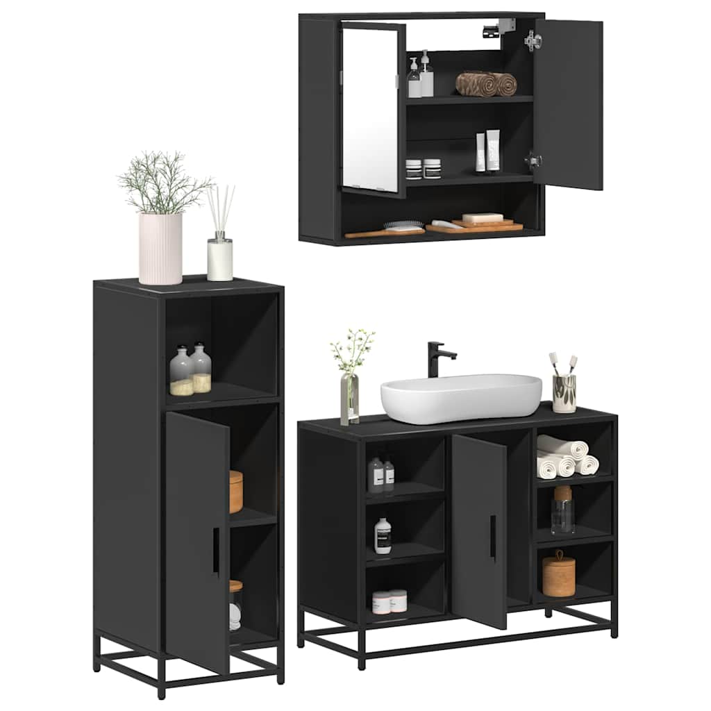 Set mobilier de baie, 3 piese, negru, lemn compozit