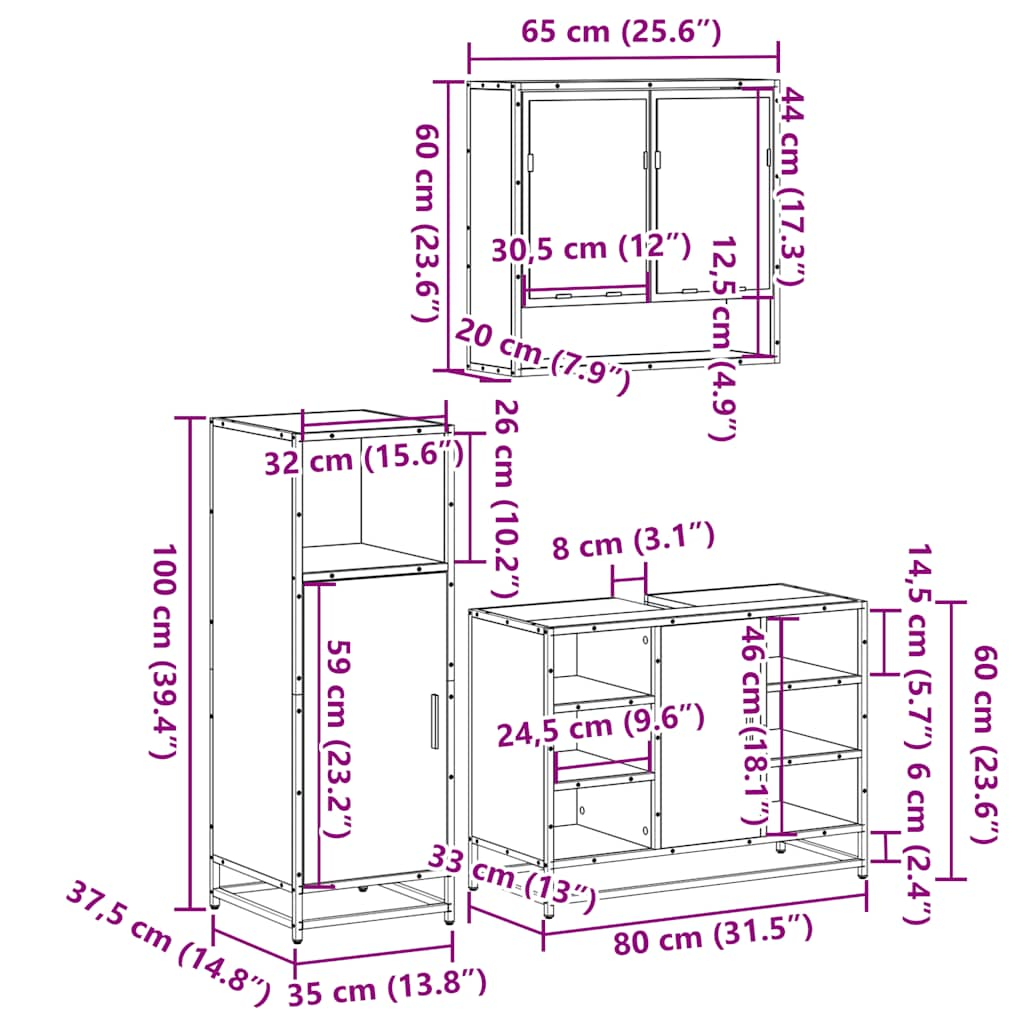 Set mobilier de baie, 3 piese, stejar sonoma, lemn prelucrat