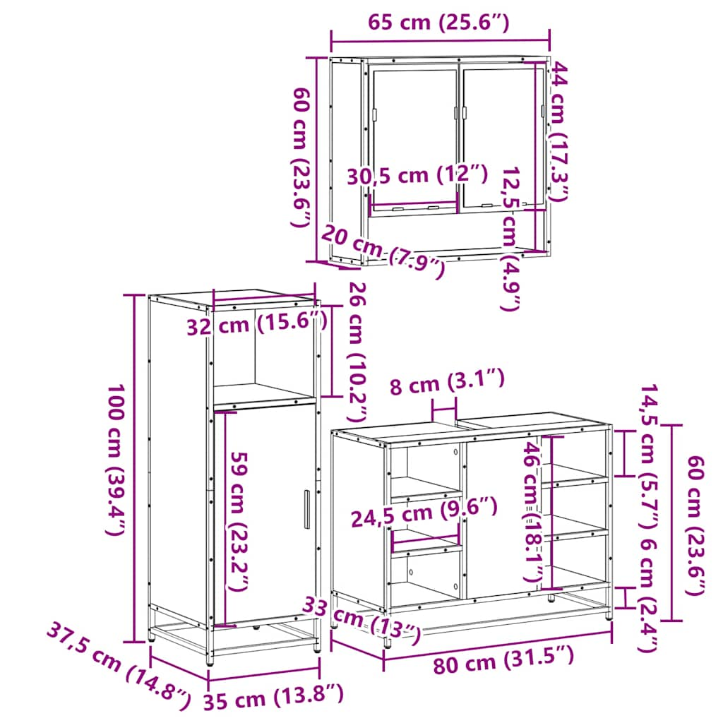 Set mobilier de baie, 3 piese, stejar fumuriu, lemn prelucrat