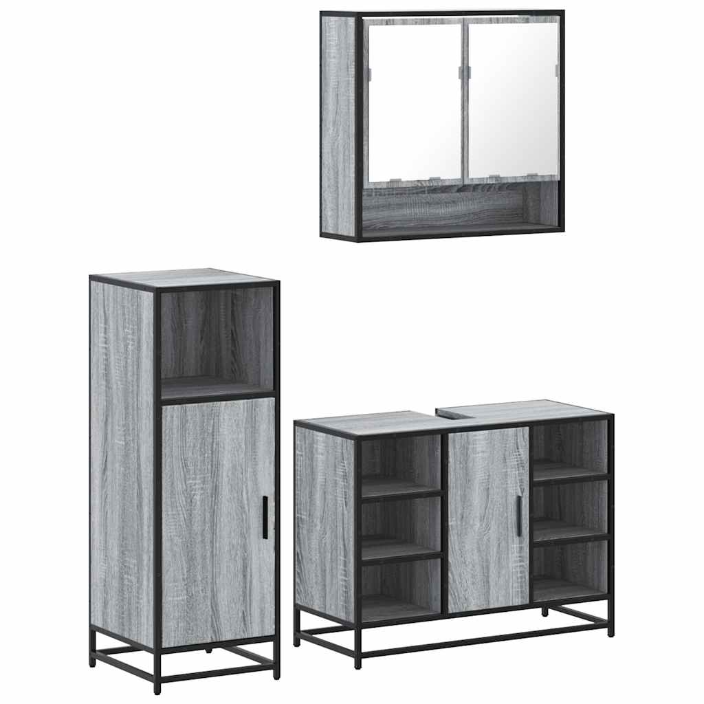 Set mobilier de baie, 3 piese, gri sonoma, lemn prelucrat