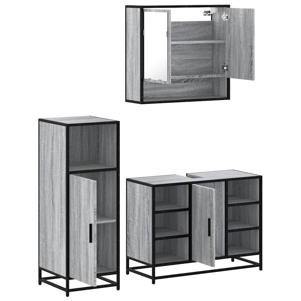 Set mobilier de baie, 3 piese, gri sonoma, lemn prelucrat