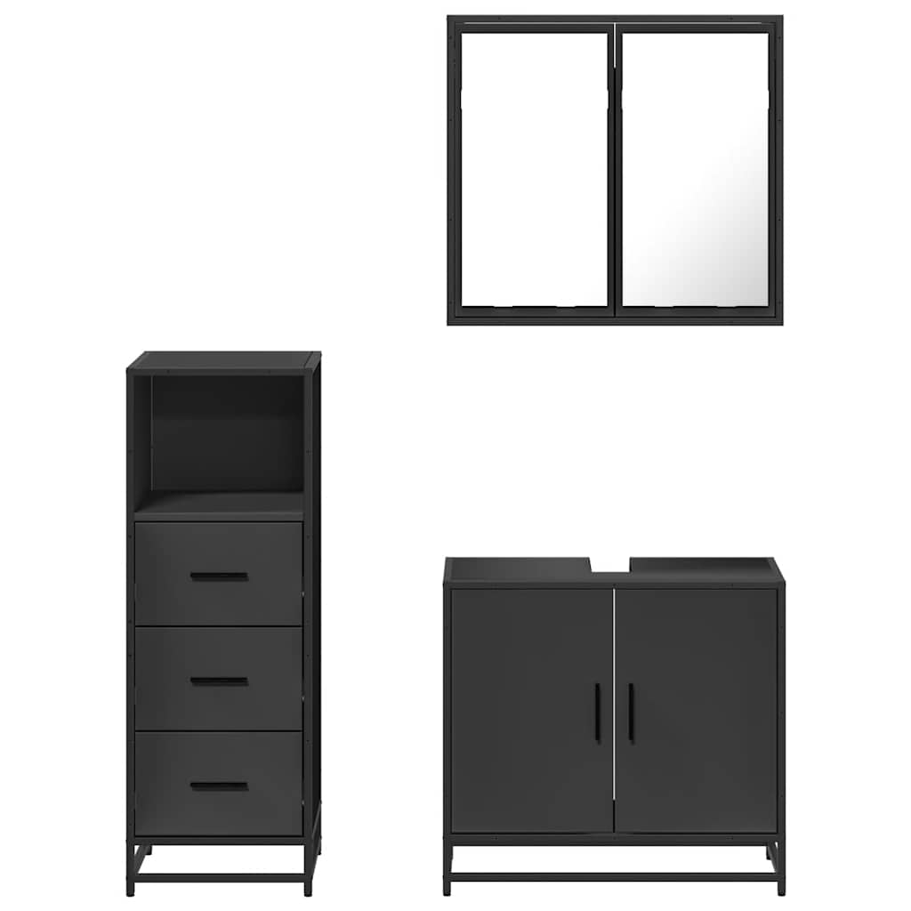 Set mobilier de baie, 3 piese, negru, lemn compozit