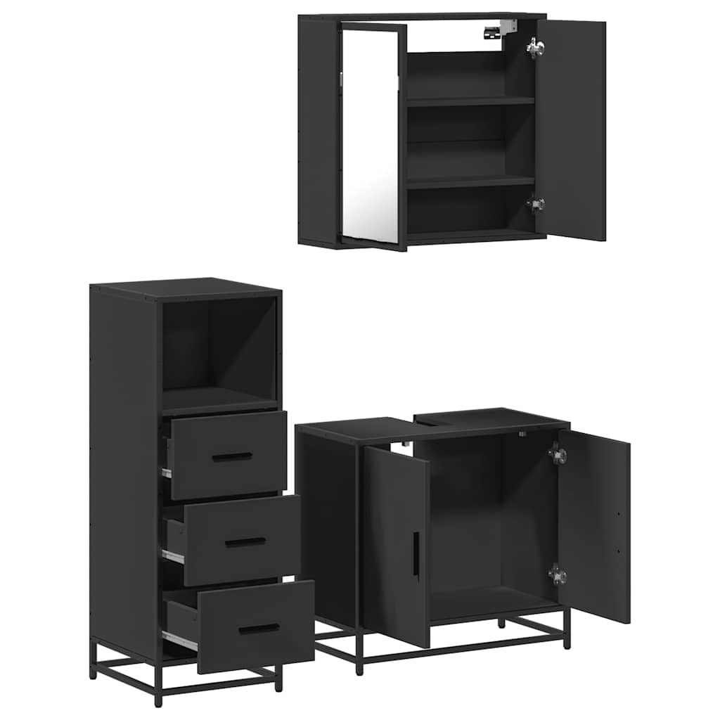 Set mobilier de baie, 3 piese, negru, lemn compozit