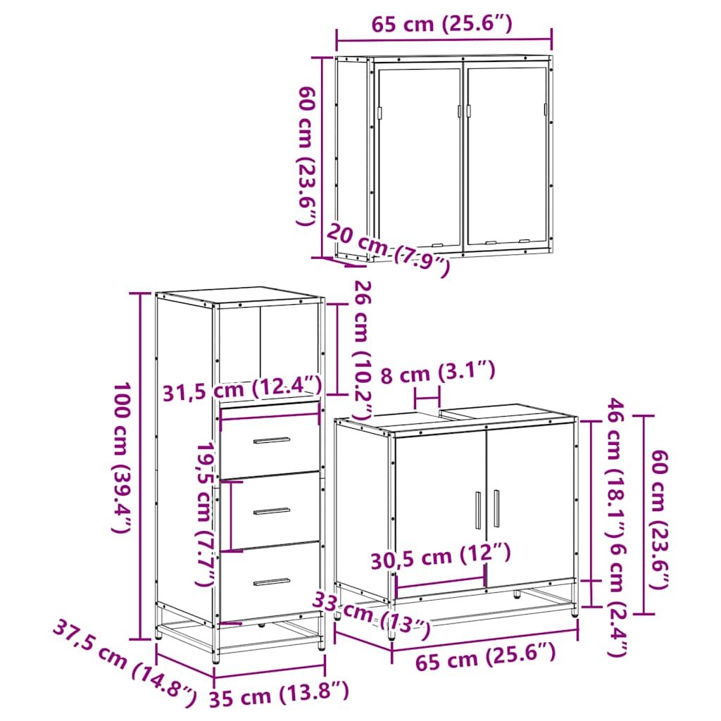 Set mobilier de baie, 3 piese, negru, lemn compozit