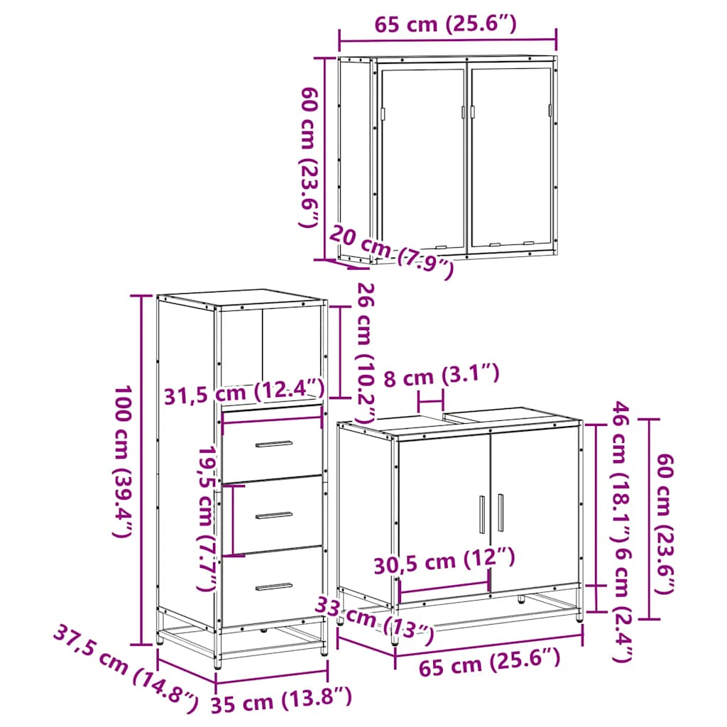 Set mobilier de baie, 3 piese, stejar sonoma, lemn prelucrat