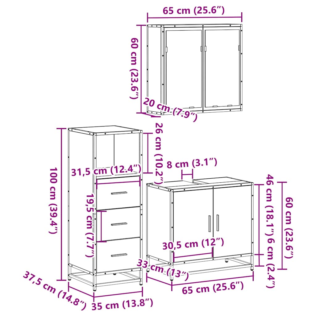 Set mobilier de baie, 3 piese, stejar fumuriu, lemn prelucrat