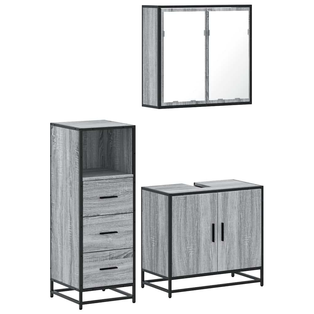 Set mobilier de baie, 3 piese, gri sonoma, lemn prelucrat