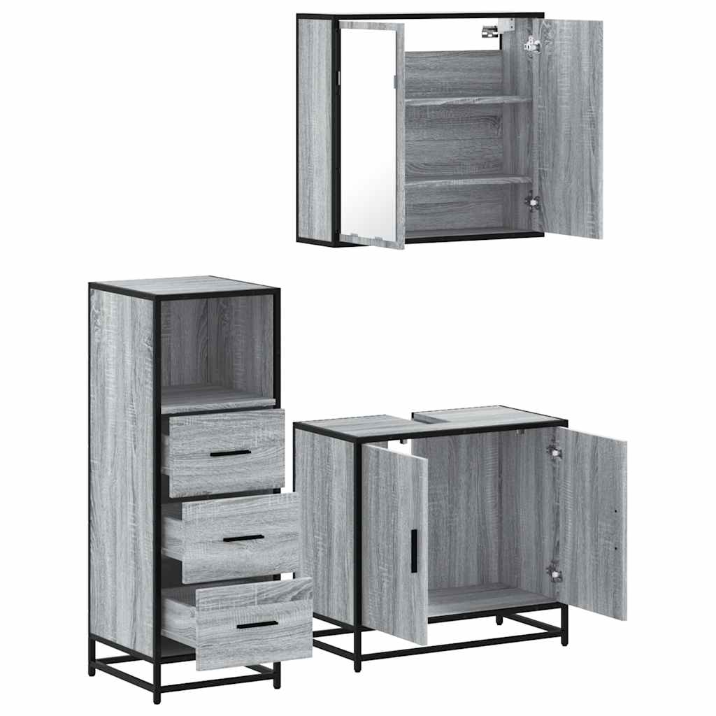 Set mobilier de baie, 3 piese, gri sonoma, lemn prelucrat