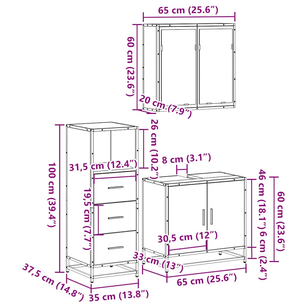 Set mobilier de baie, 3 piese, gri sonoma, lemn prelucrat