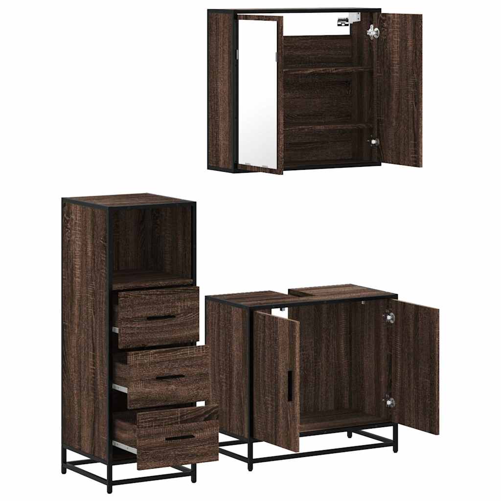 Set mobilier de baie, 3 piese, stejar maro, lemn prelucrat