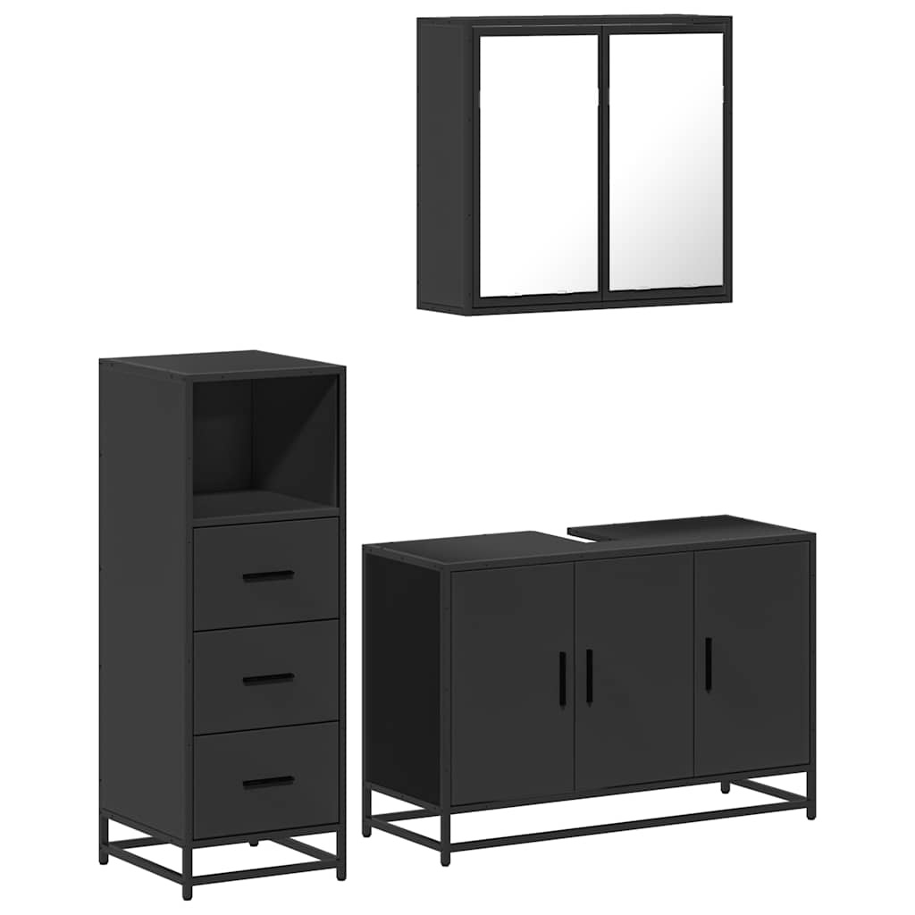 Set mobilier de baie, 3 piese, negru, lemn compozit