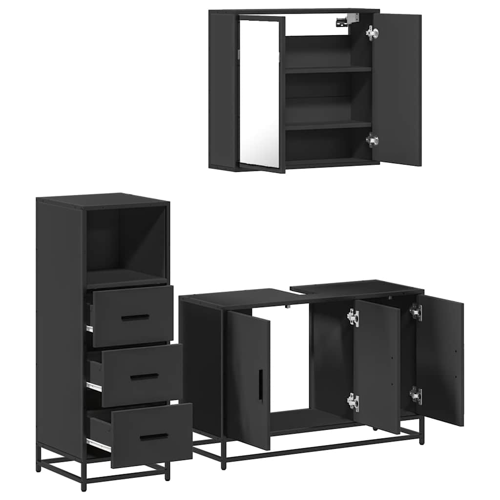 Set mobilier de baie, 3 piese, negru, lemn compozit