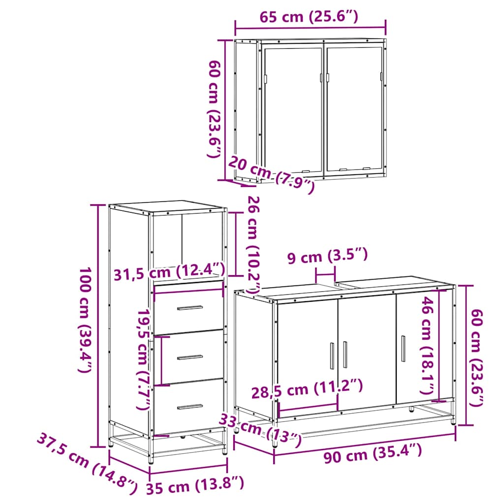 Set mobilier de baie, 3 piese, negru, lemn compozit