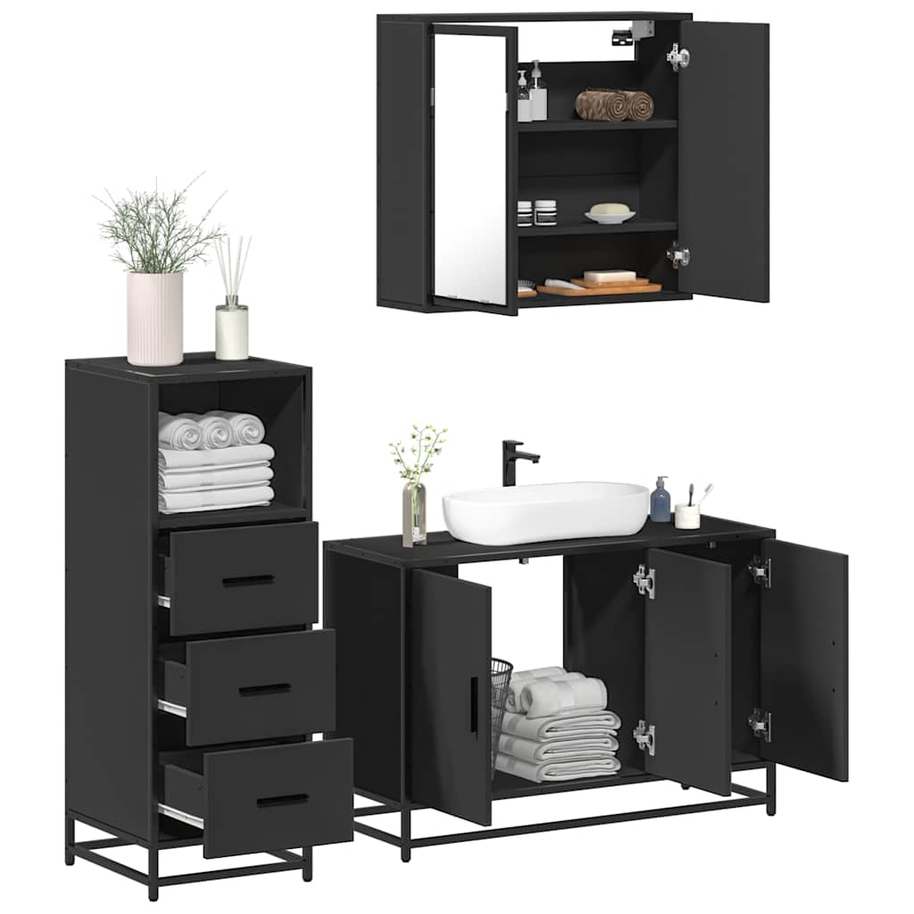 Set mobilier de baie, 3 piese, negru, lemn compozit