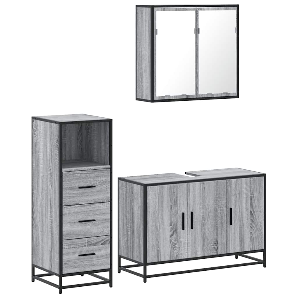 Set mobilier de baie, 3 piese, gri sonoma, lemn prelucrat