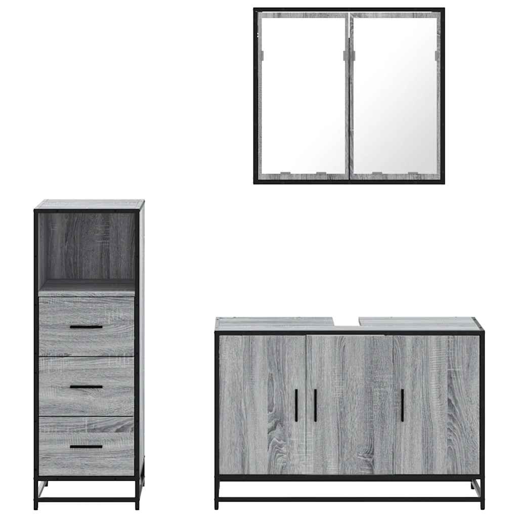 Set mobilier de baie, 3 piese, gri sonoma, lemn prelucrat