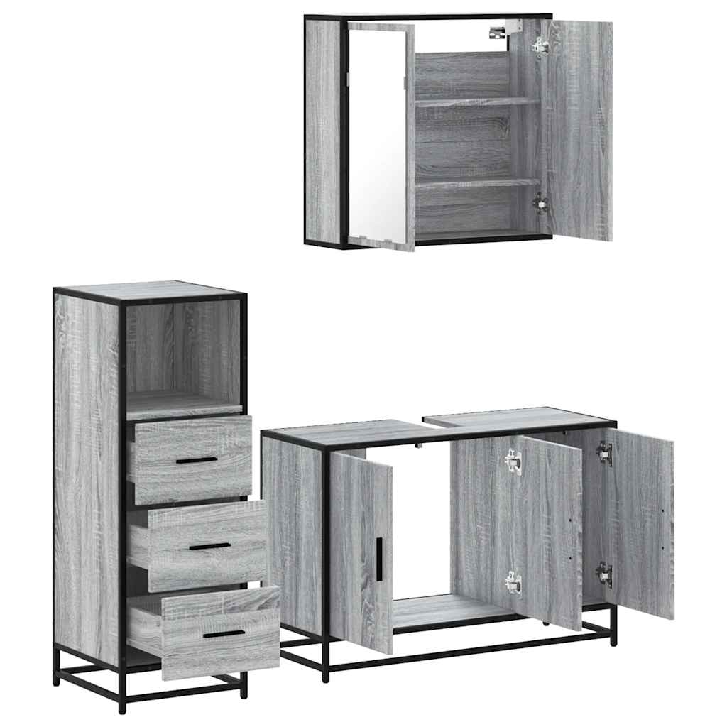 Set mobilier de baie, 3 piese, gri sonoma, lemn prelucrat