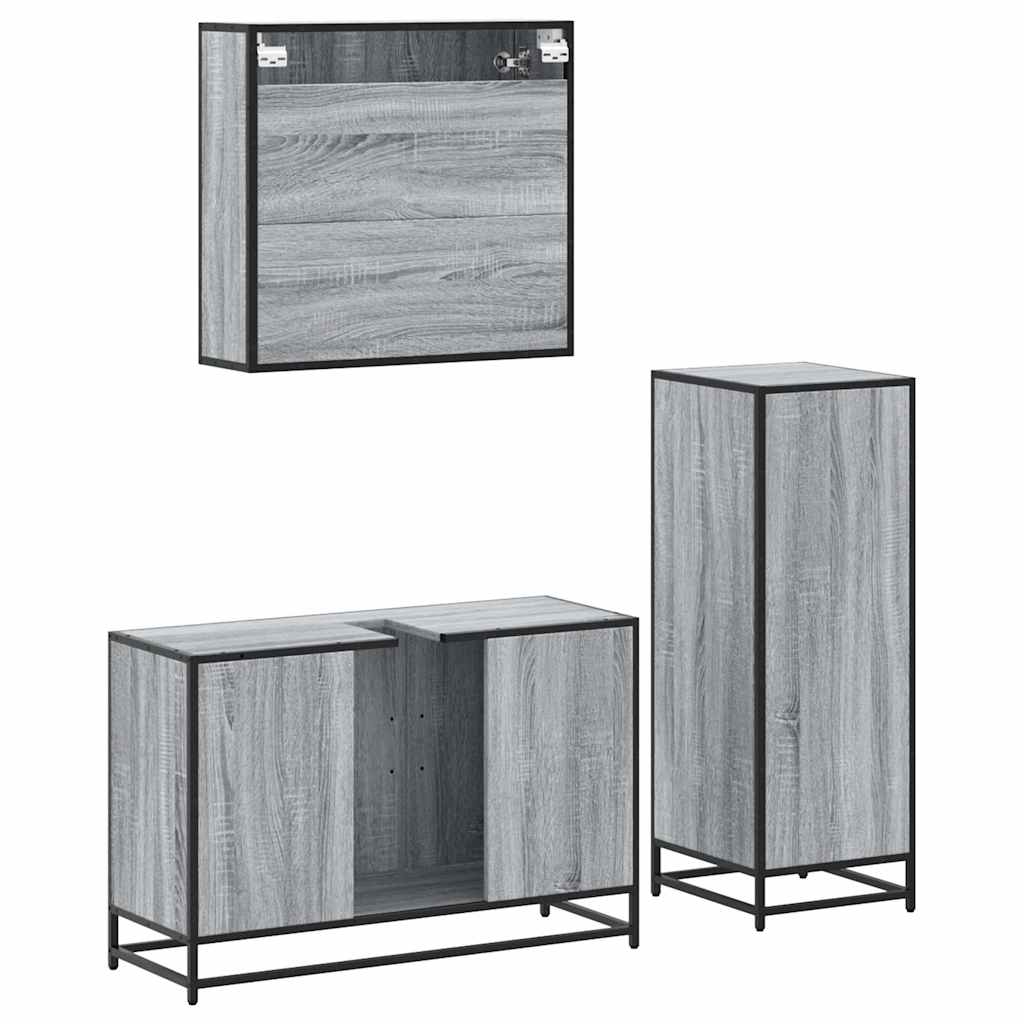 Set mobilier de baie, 3 piese, gri sonoma, lemn prelucrat