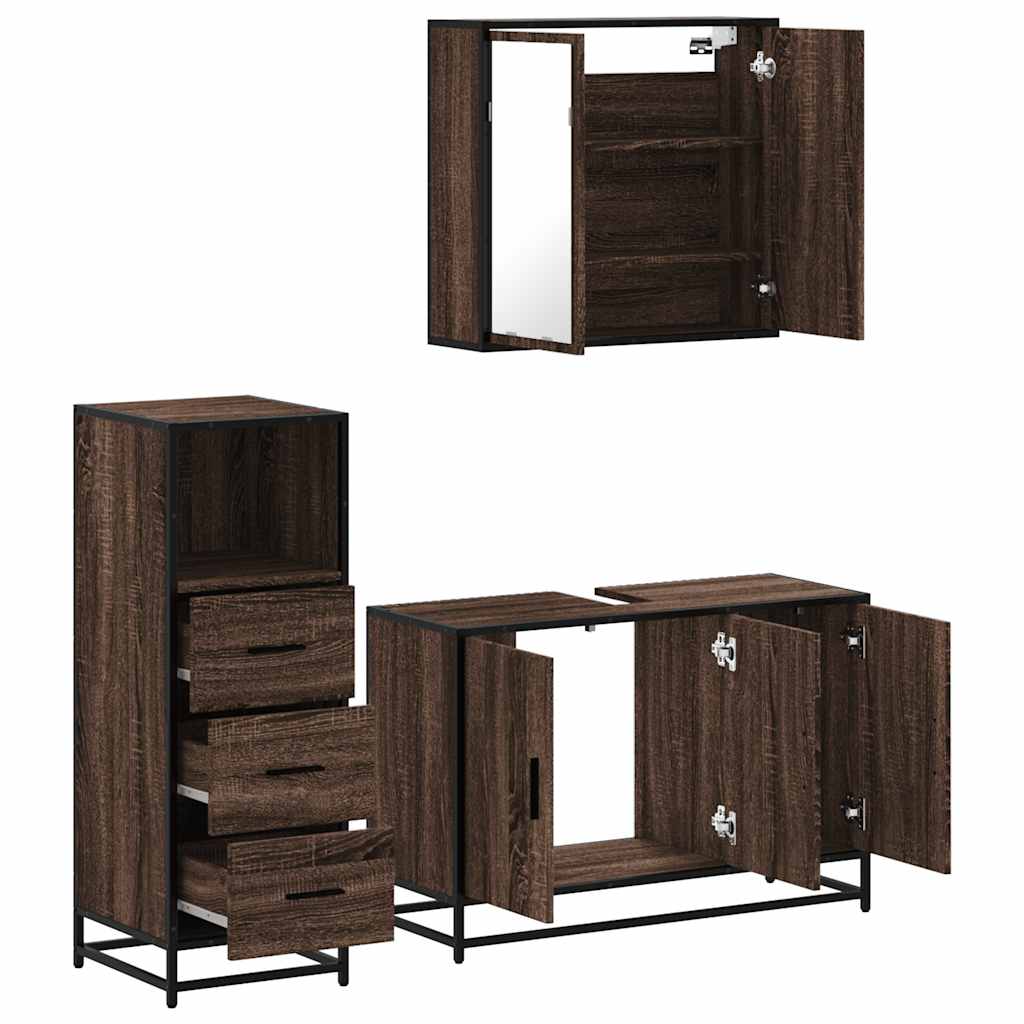 Set mobilier de baie, 3 piese, stejar maro, lemn prelucrat