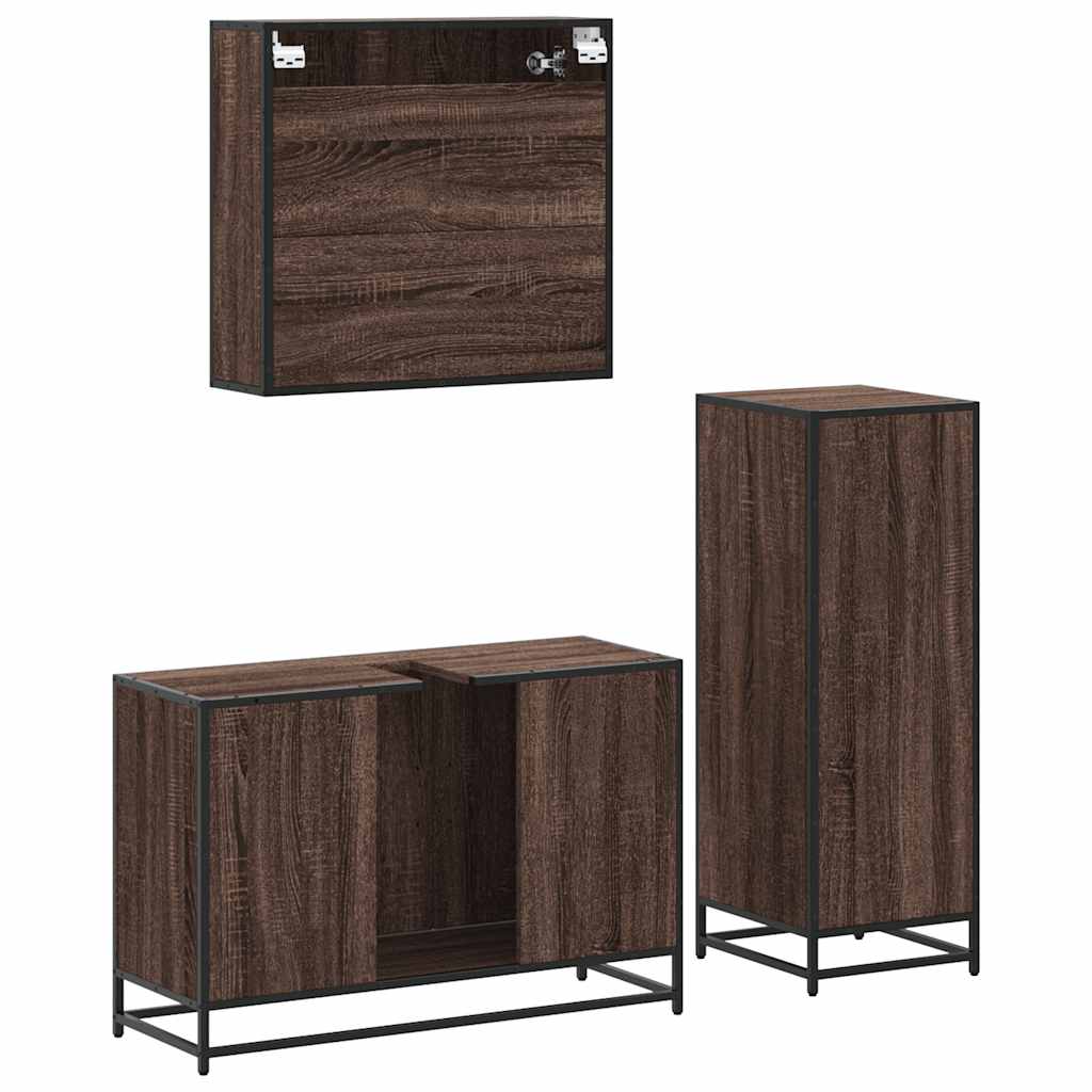 Set mobilier de baie, 3 piese, stejar maro, lemn prelucrat