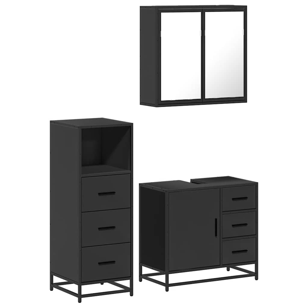 Set mobilier de baie, 3 piese, negru, lemn compozit