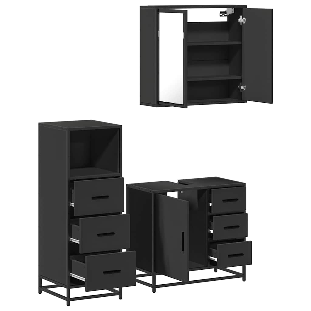 Set mobilier de baie, 3 piese, negru, lemn compozit