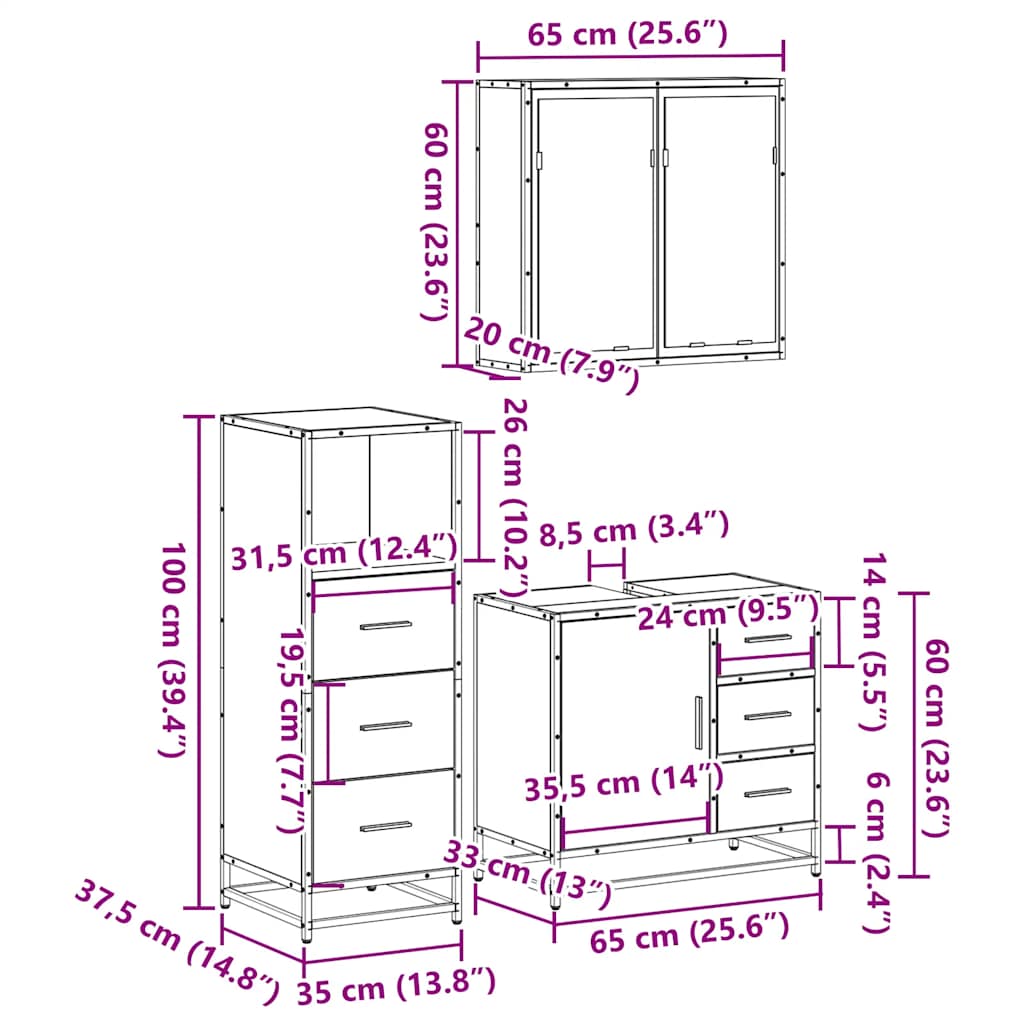 Set mobilier de baie, 3 piese, negru, lemn compozit