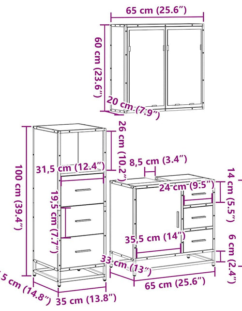 Încărcați imaginea în vizualizatorul Galerie, Set mobilier de baie, 3 piese, stejar sonoma, lemn prelucrat
