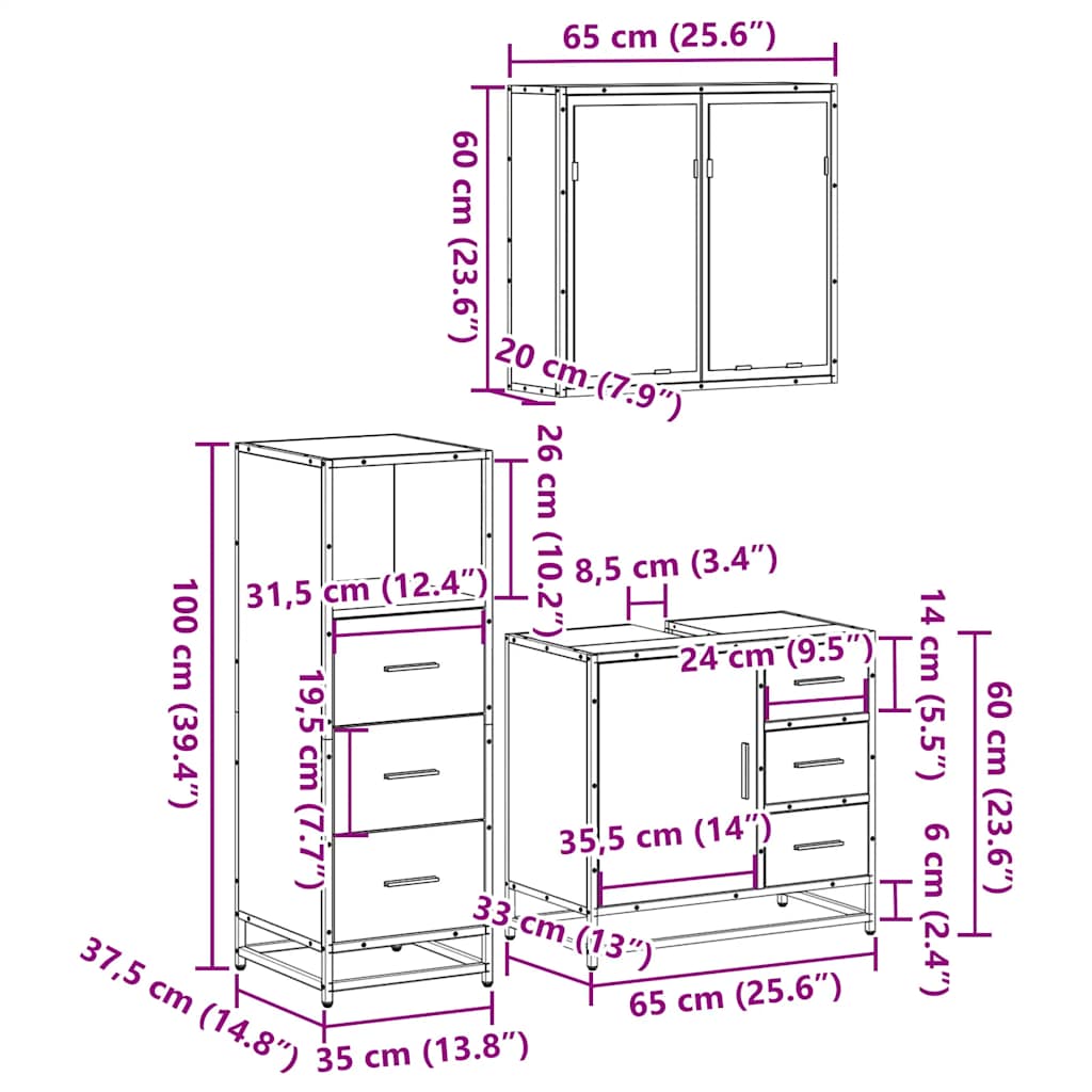 Set mobilier de baie, 3 piese, stejar sonoma, lemn prelucrat