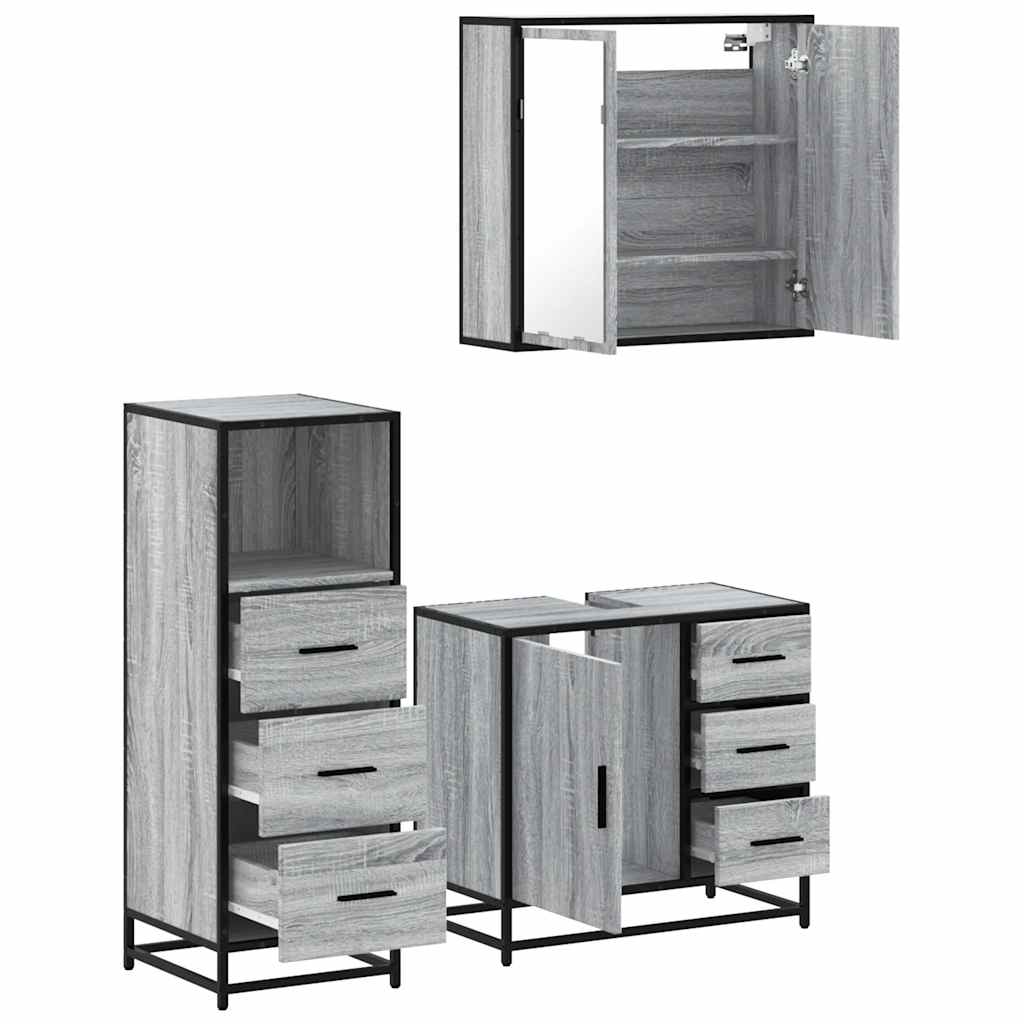 Set mobilier de baie, 3 piese, gri sonoma, lemn prelucrat