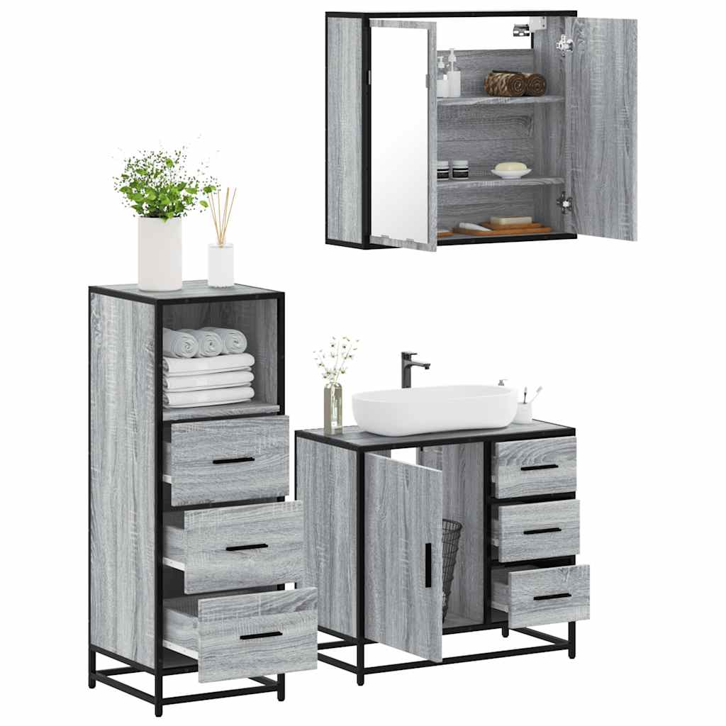 Set mobilier de baie, 3 piese, gri sonoma, lemn prelucrat