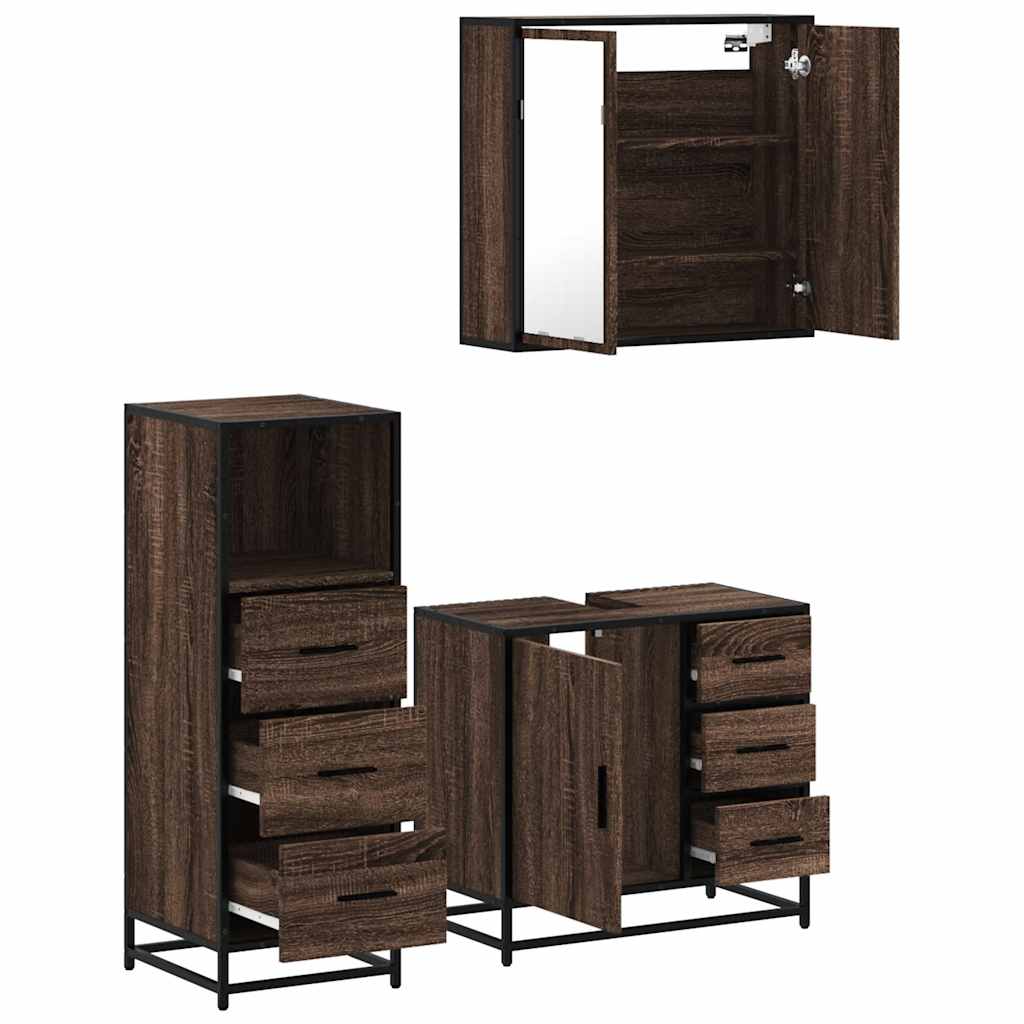 Set mobilier de baie, 3 piese, stejar maro, lemn prelucrat