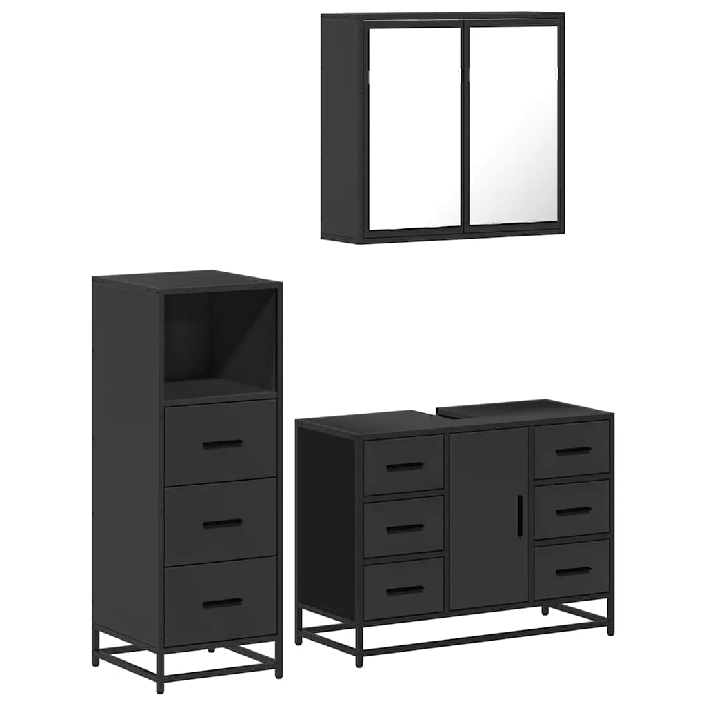 Set mobilier de baie, 3 piese, negru, lemn compozit