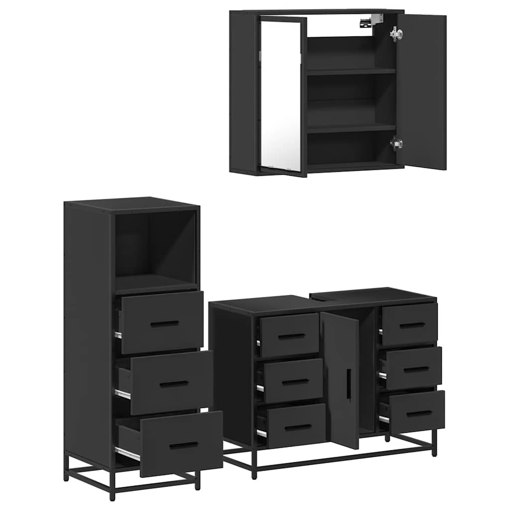 Set mobilier de baie, 3 piese, negru, lemn compozit