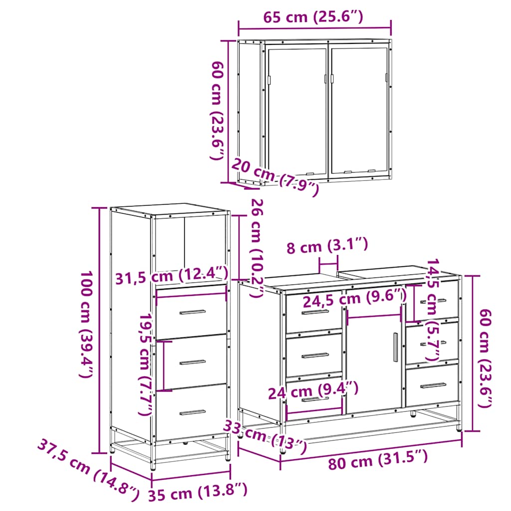 Set mobilier de baie, 3 piese, negru, lemn compozit