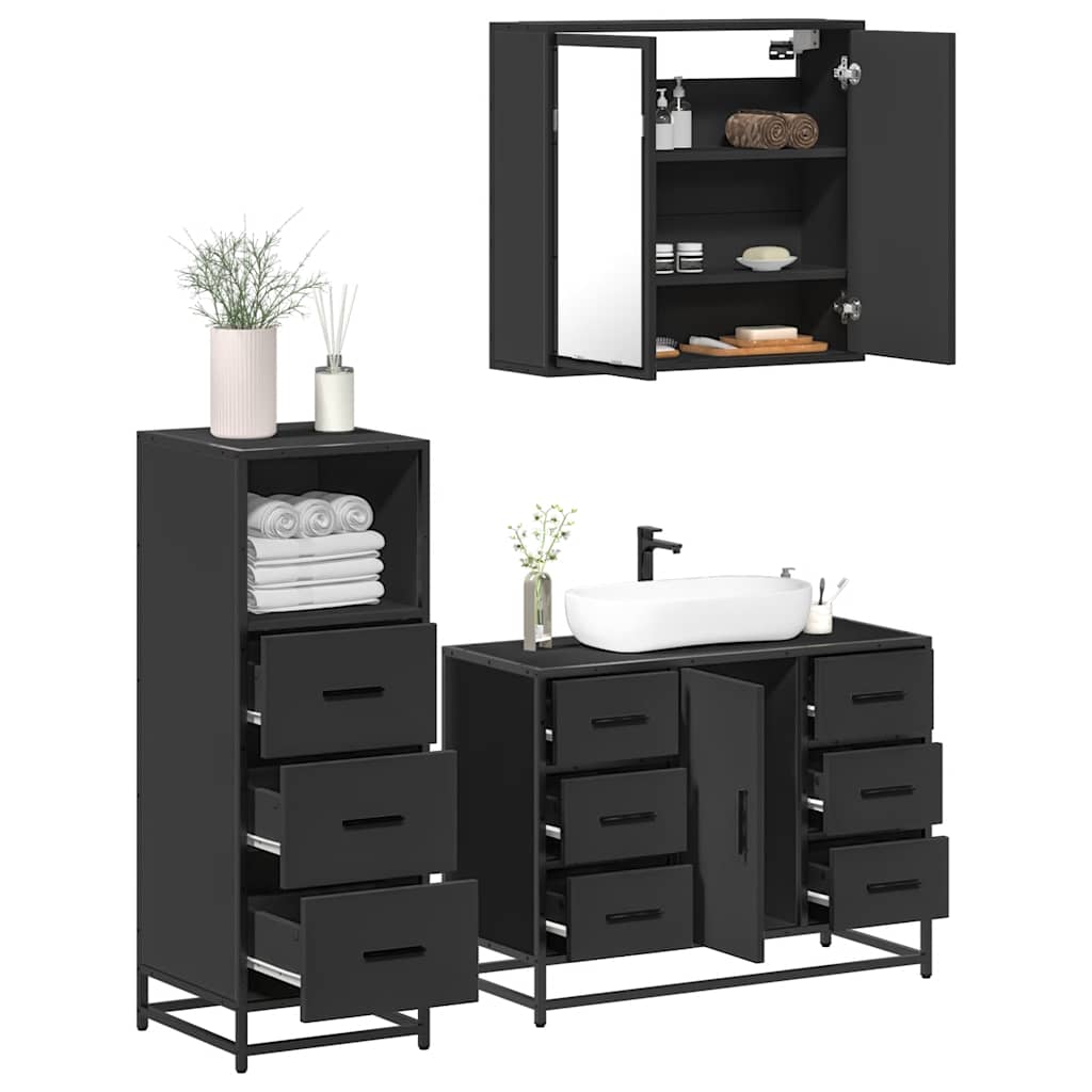 Set mobilier de baie, 3 piese, negru, lemn compozit