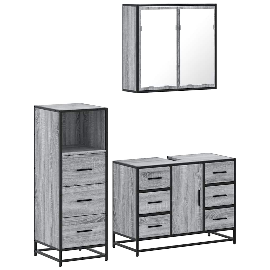 Set mobilier de baie, 3 piese, gri sonoma, lemn prelucrat