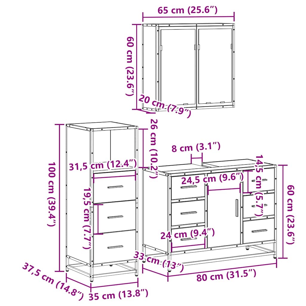 Set mobilier de baie, 3 piese, gri sonoma, lemn prelucrat