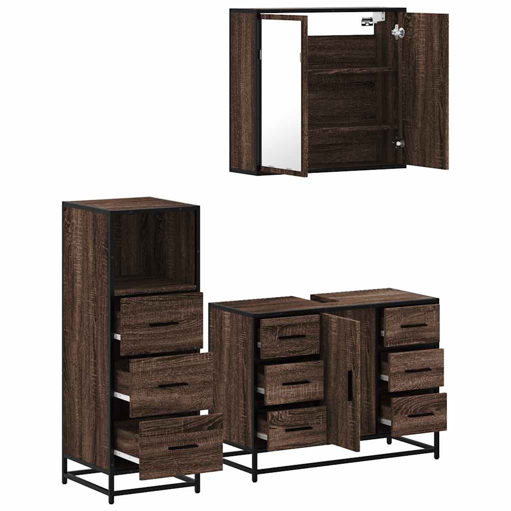 Set mobilier de baie, 3 piese, stejar maro, lemn prelucrat