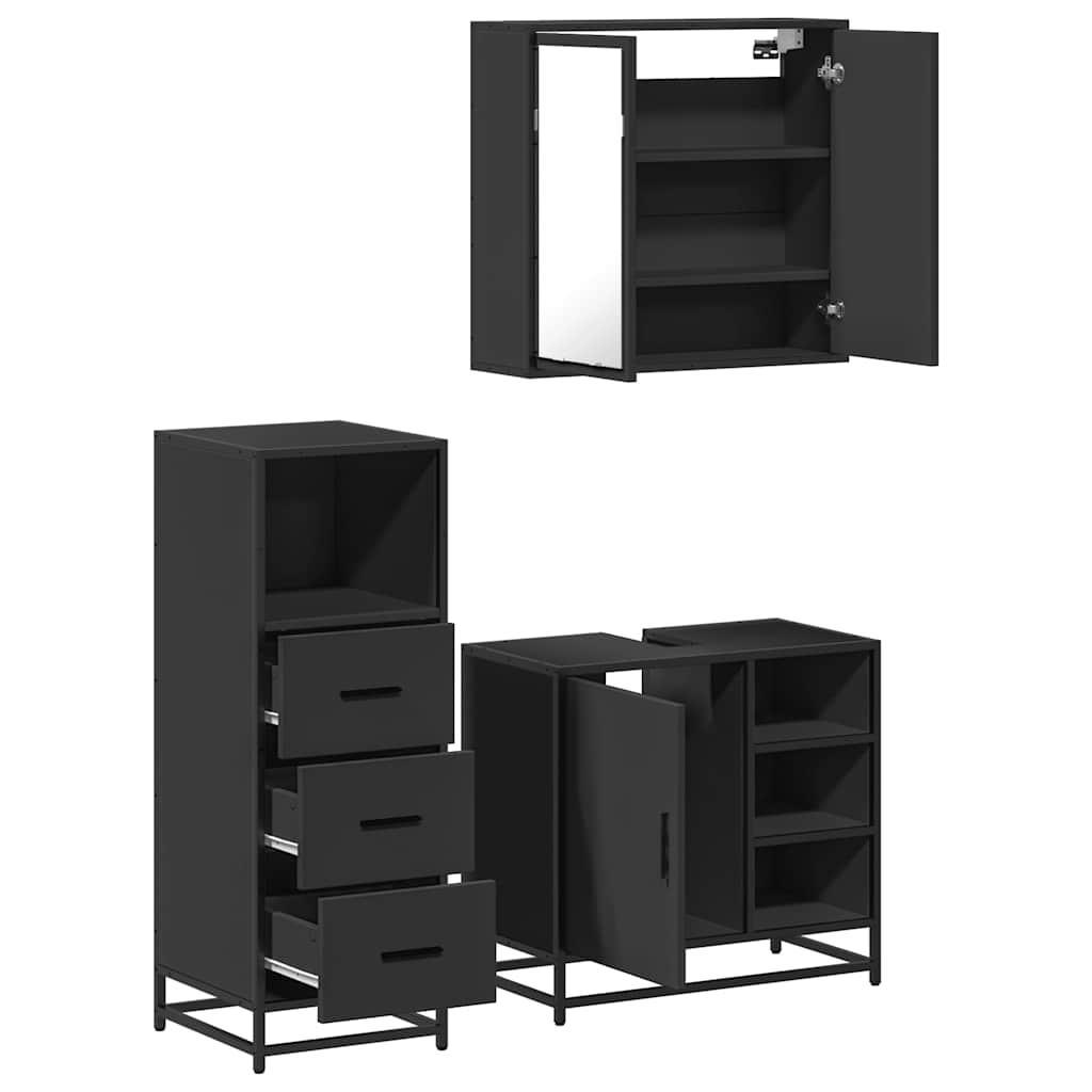 Set mobilier de baie, 3 piese, negru, lemn compozit