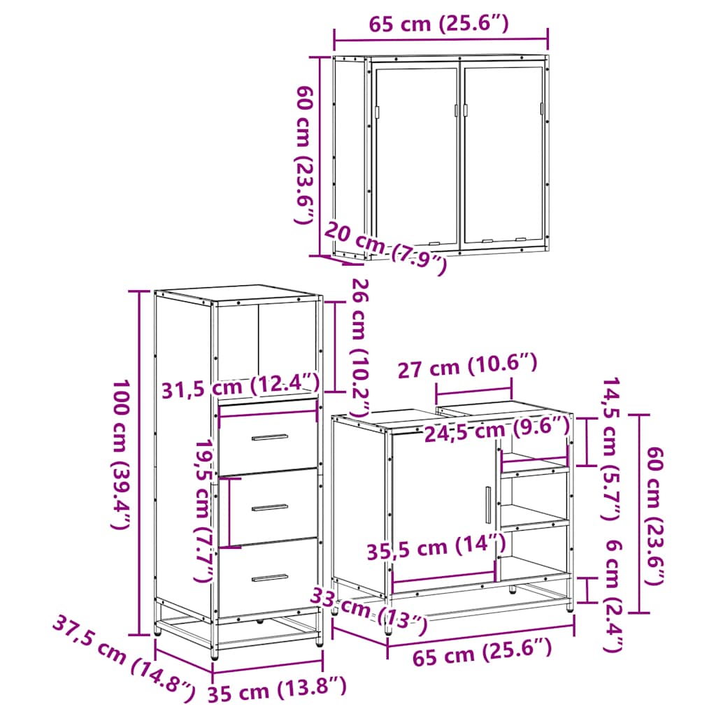 Set mobilier de baie, 3 piese, negru, lemn compozit