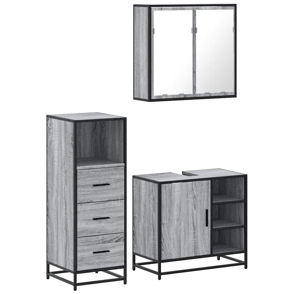 Set mobilier de baie, 3 piese, gri sonoma, lemn prelucrat