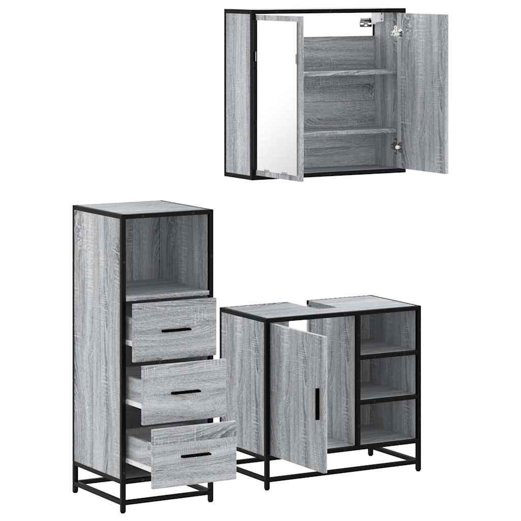 Set mobilier de baie, 3 piese, gri sonoma, lemn prelucrat