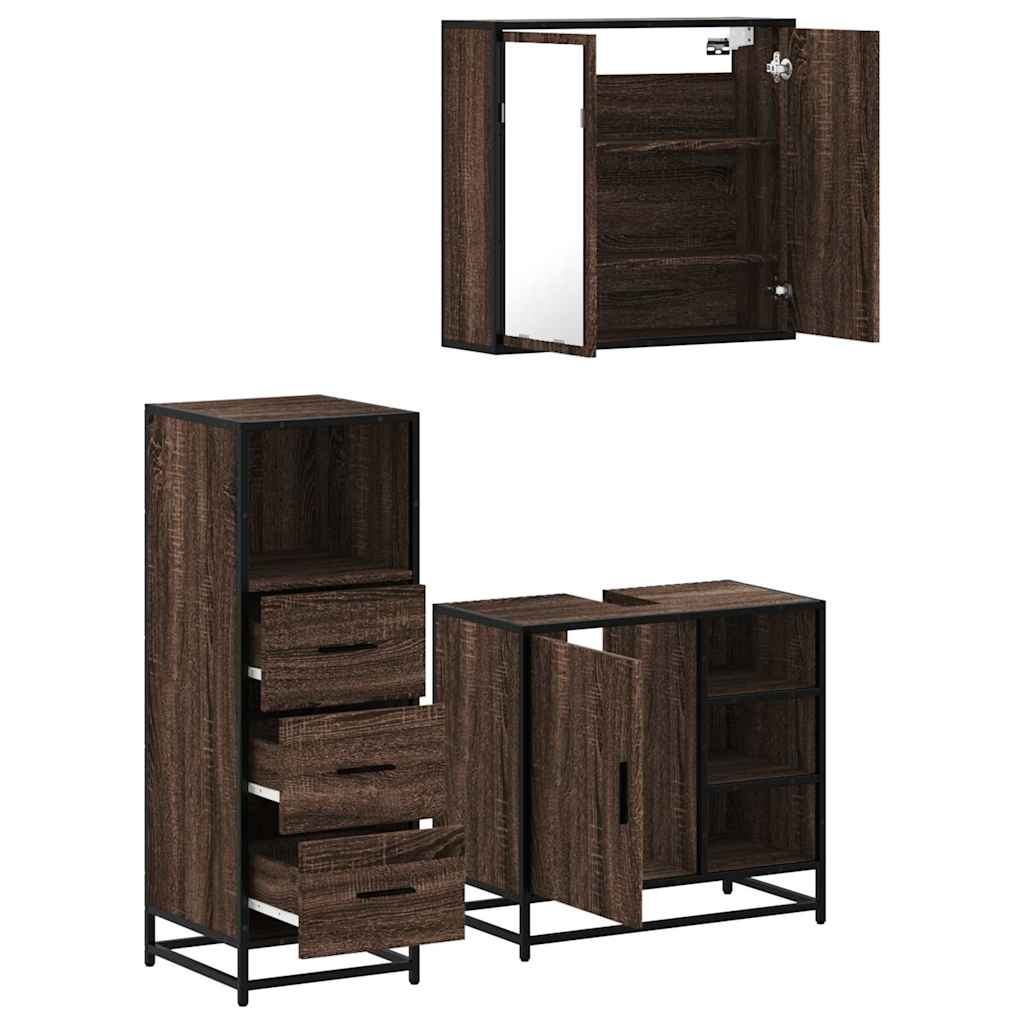 Set mobilier de baie, 3 piese, stejar maro, lemn prelucrat