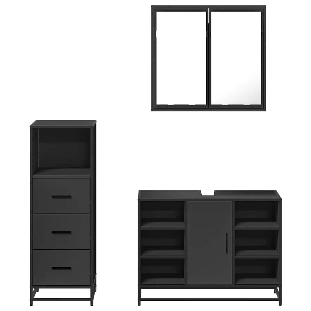 Set mobilier de baie, 3 piese, negru, lemn compozit