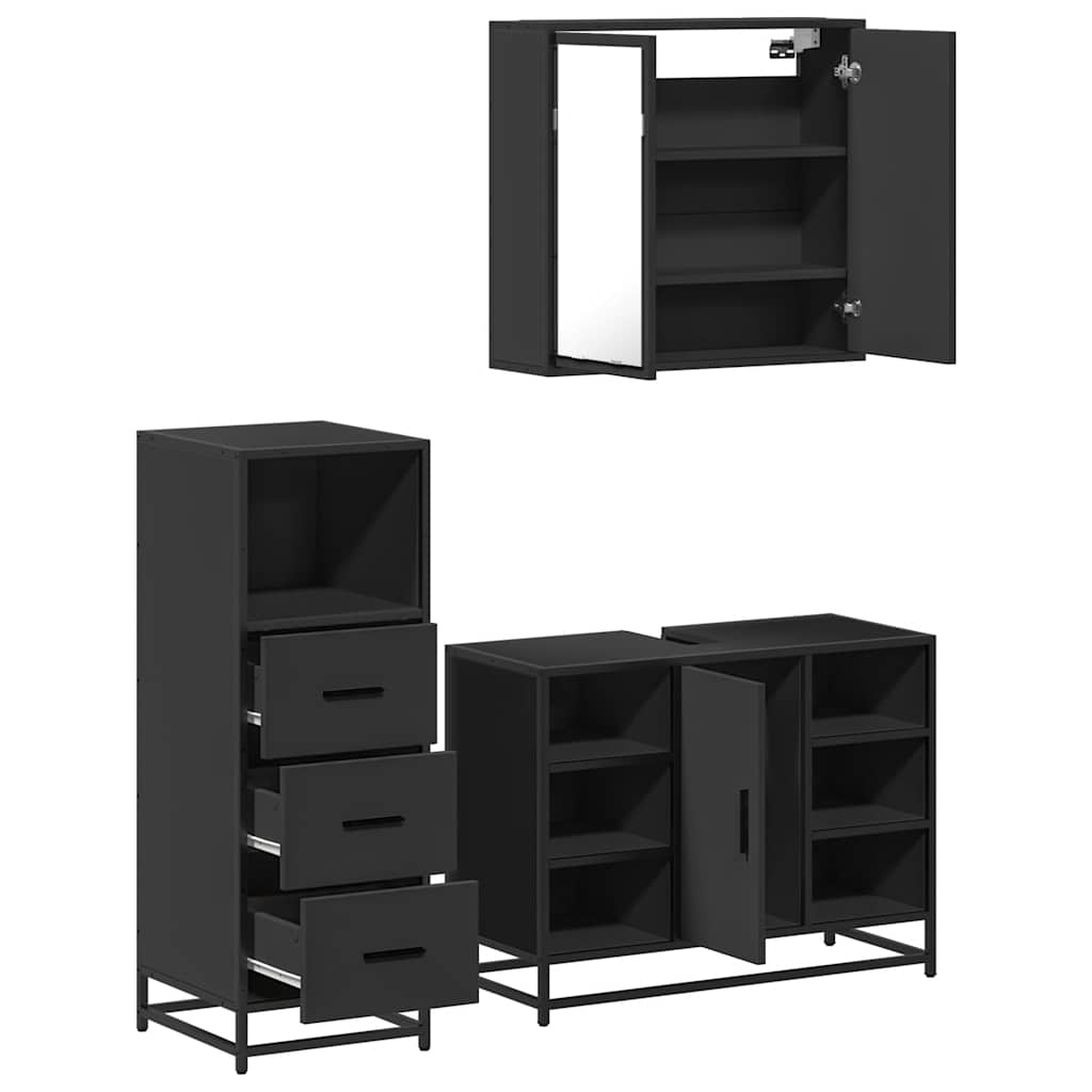 Set mobilier de baie, 3 piese, negru, lemn compozit