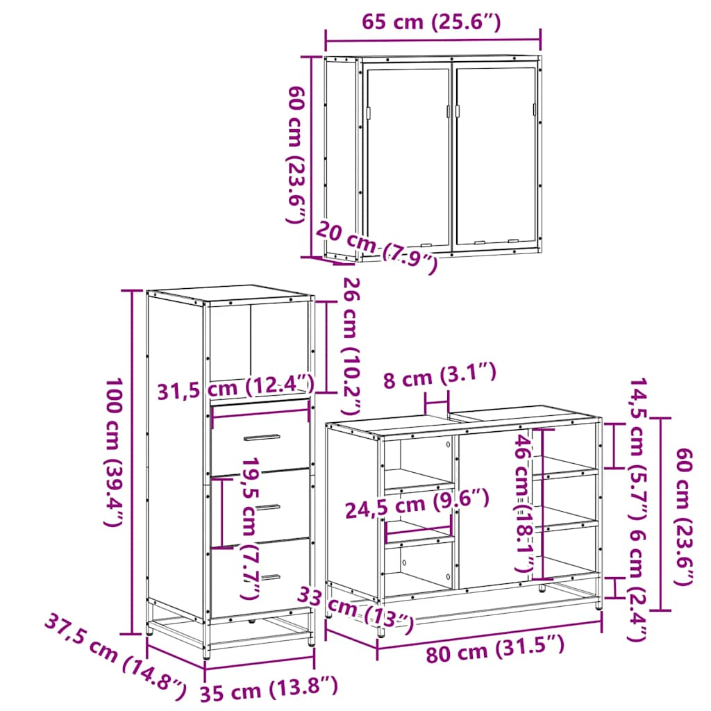 Set mobilier de baie, 3 piese, negru, lemn compozit