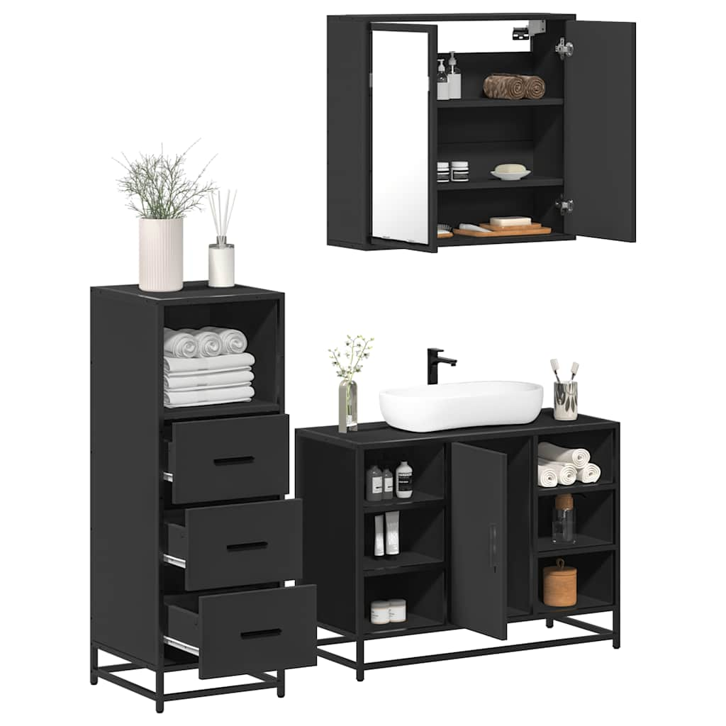 Set mobilier de baie, 3 piese, negru, lemn compozit